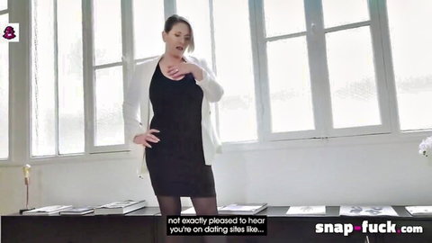 Sexy MILF boss in white blazer and black dress confronts naughty employee about dating sites in office