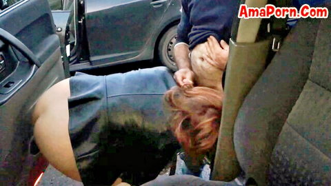 Redhead bent over car backseat exposing bare ass and pussy for doggy style fuck