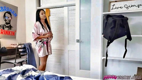 Anissa Kate as stepmom in pink silk robe, teasing big tits