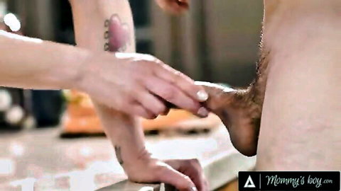 Siri Dahl handjobbing stepson in kitchen, bare milf caught