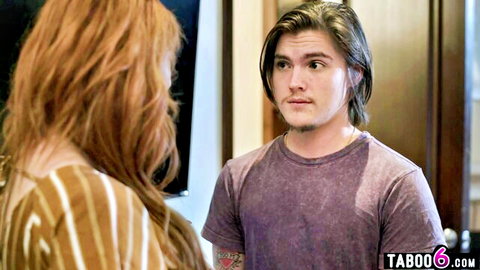 Busty redhead stepmom in striped top confronts long-haired stepson