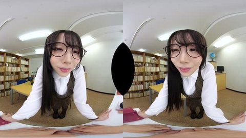 Asian woman with glasses teasing by pulling down jeans in VR view