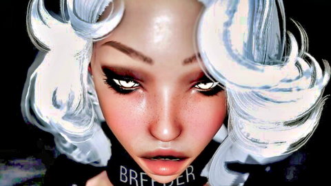 Seductive bunny girl with white curly hair, freckles, and BREEDER choker