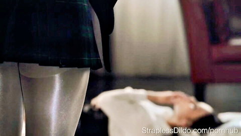Ella Martin facesitting with dildo, plaid skirt and shiny tights