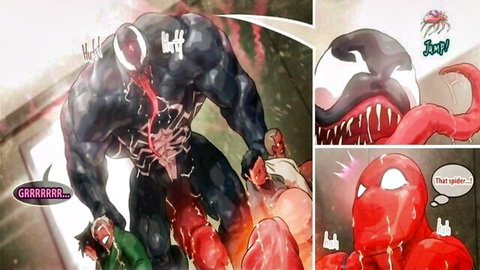 Venom's massive black tentacles wrapping and dominating Spider-Man in erotic comic panels