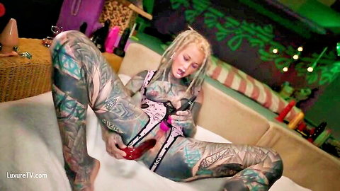 Anuskatzz tattooed blonde teen spreading legs for anal toy insertion in lingerie