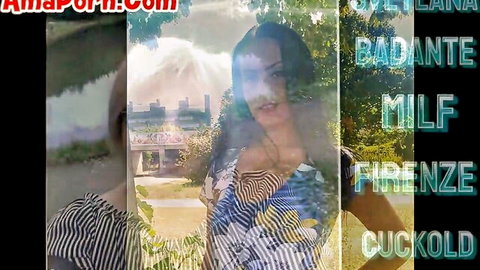 Curvy dark-haired MILF in striped top teases in outdoor cuckold scene