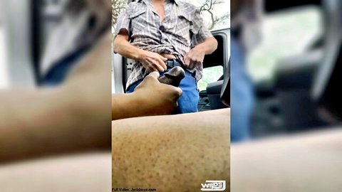 Granddad cruising outdoors helps stroke young guy's hefty cock in car