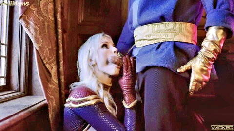 Blonde MILF Kenzie Taylor in superhero cosplay giving intense blowjob