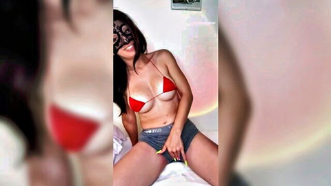 Hasmik JOI teasing in red bikini and mask, big ass MILF solo