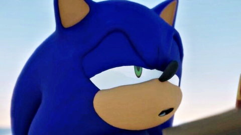 Sonic hedgehog mascot in blue costume at sunny beach, playful expression