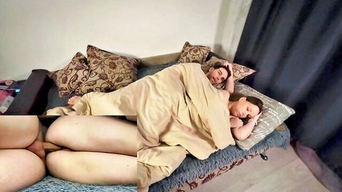 Russian MILF stepmom cuddles stepson in bed after intense fuck