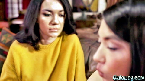 Mina Moon and Asian bestie exchange intense looks in close-up