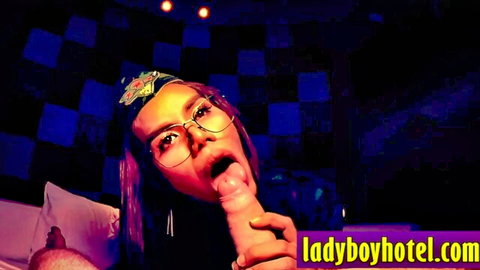 Purple-haired shemale in glasses sucks big cock before rough anal sex