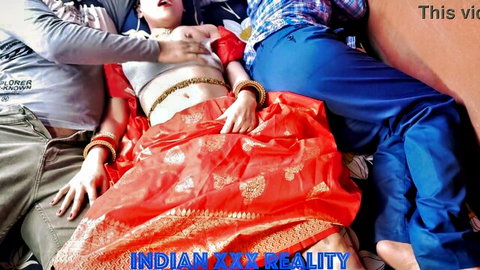 Indianxxxreality topless in red saree for desi step sister threesome fuck