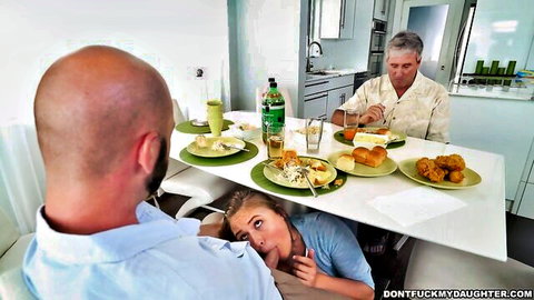 Blonde Alyssa sneaks under table for secret blowjob on daddy's friend