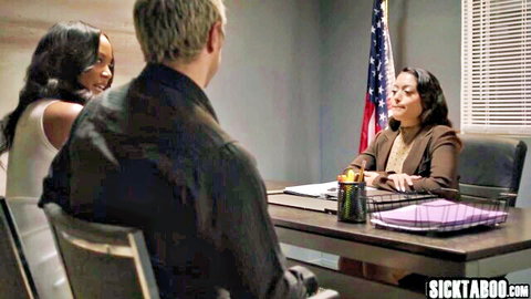 Interracial office threesome with sexy big ass black teen and Latina boss