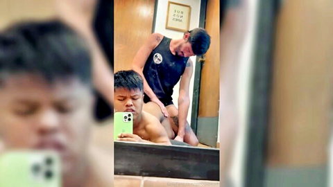 Asian dwarf man getting anal fucked from behind in mirror