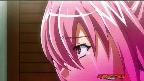 Pink-haired anime girl with intense gaze in JAV hentai thumbnail, tied up whipping scene