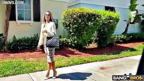 Mandy Rhea in tight skirt and heels waits for street pickup by BangBros