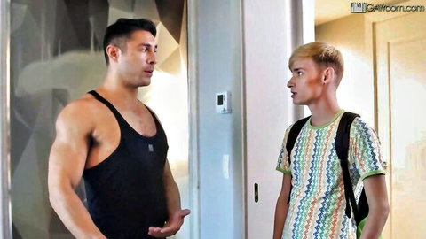 Muscular roommate catches twink stealing in tank top and colorful shirt