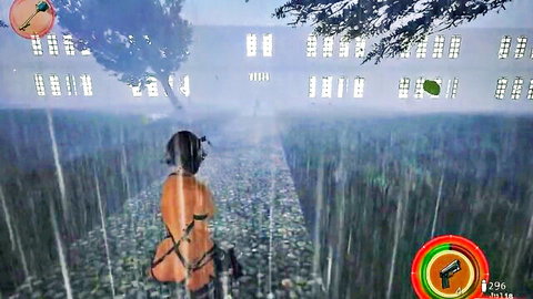 Woman in revealing body suit walking in rainy game mission, ass view