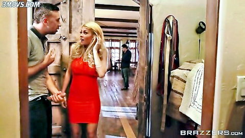 Kayla Kayden in red dress with lover, boyfriend nearby