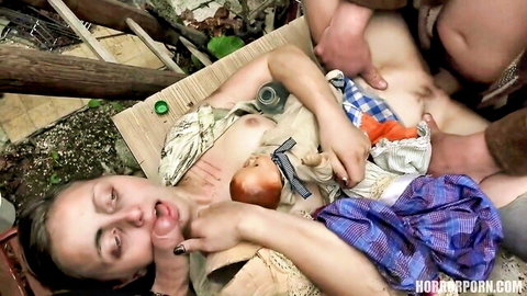 Blonde woman in twisted family horror porn, topless with baby doll fetish