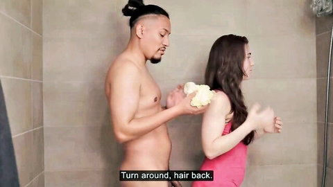 CaribbbeanBoy scrubs sexy long-haired woman's back in shower