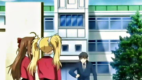 Anime schoolgirls with red and blonde hair in uniforms talk to suited teacher, Gakuen Shimai Ep.1