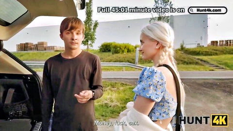 Blonde woman in floral top chats with man by car backseat, HUNT4K cheating scene