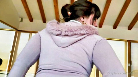 Leia Lovelyn in pink fur hoodie from behind, vacation with daddy tease