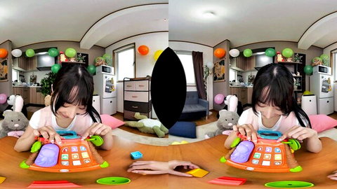 Cute Asian girl in pink dress playing toys in VR JAV scene