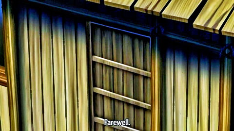 Anime screenshot of rustic wooden barn door with 'farewell' subtitle, no nudity visible