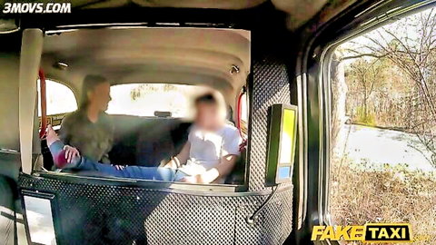Babe spreads legs wide in fake taxi backseat exposing shaved pussy for driver's tongue