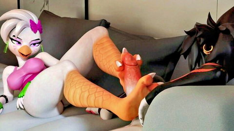 Anthro bird girl in bikini gets foot play from black furry partner