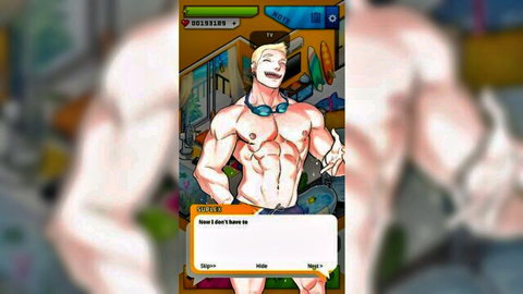 Muscular shirtless blond man posing confidently in swim trunks, summer erotic anime style
