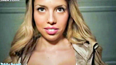 Blonde Spanish babe Macarena Lewis in sexy open jacket cleavage tease