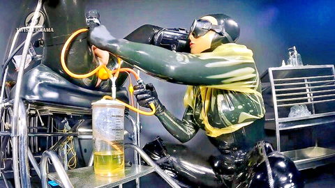 Green latex femdom mistress administers yellow piss enema tube into black latex slave's ass