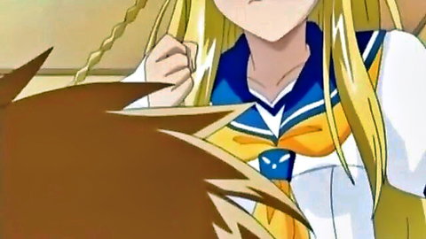 Blonde anime schoolgirl in sailor uniform angrily grabbed by hair from behind