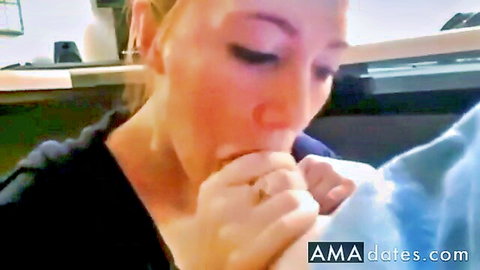 Blonde woman giving intense blowjob, close-up oral sex action