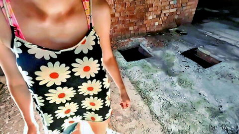 Miss Driada blonde babe in daisy dress, scared in deserted outdoor spot