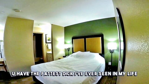 Surprise cuckold scene with text praising massive dick size
