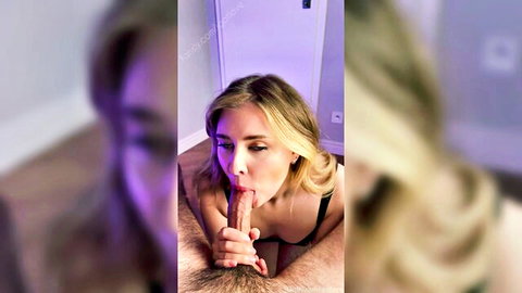 Blonde Igotlove giving blowjob in black lingerie, pretty face ready for cum