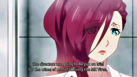 Pink-haired anime woman in white suit discussing MK Virus trial in lab