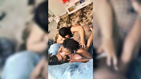 Ebony FFM threesome with kissing and intimate touching