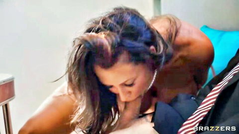 Reagan Foxx topless curvy brunette kissing suited man intimately