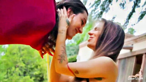 Bambi Bliss in outdoor silk tease, embracing brunette beauty with tattoos