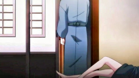 Anime hentai scene: blue kimono woman approaches lying girl in black dress