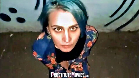 Teal-haired teen in floral dress squatting for Tinder piss flash amateur video